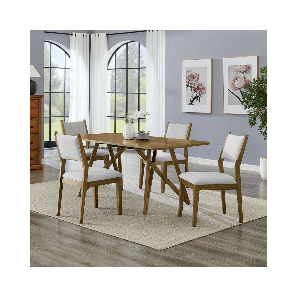 Darla 5Pc 70" Rectangular Walnut Oak Geometric Cross Base Dining Set. Picture 6