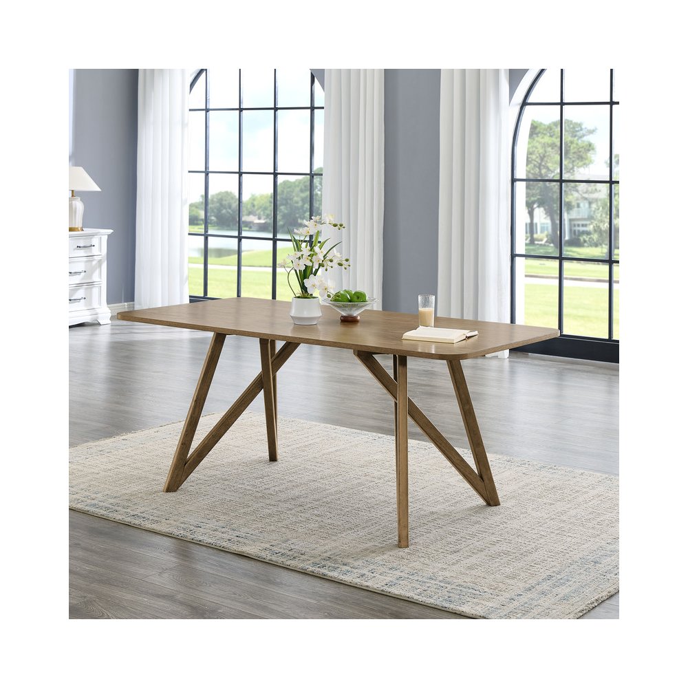 Darla 70"W Rectangular Walnut Oak Geometric Cross Base Dining Table. Picture 3