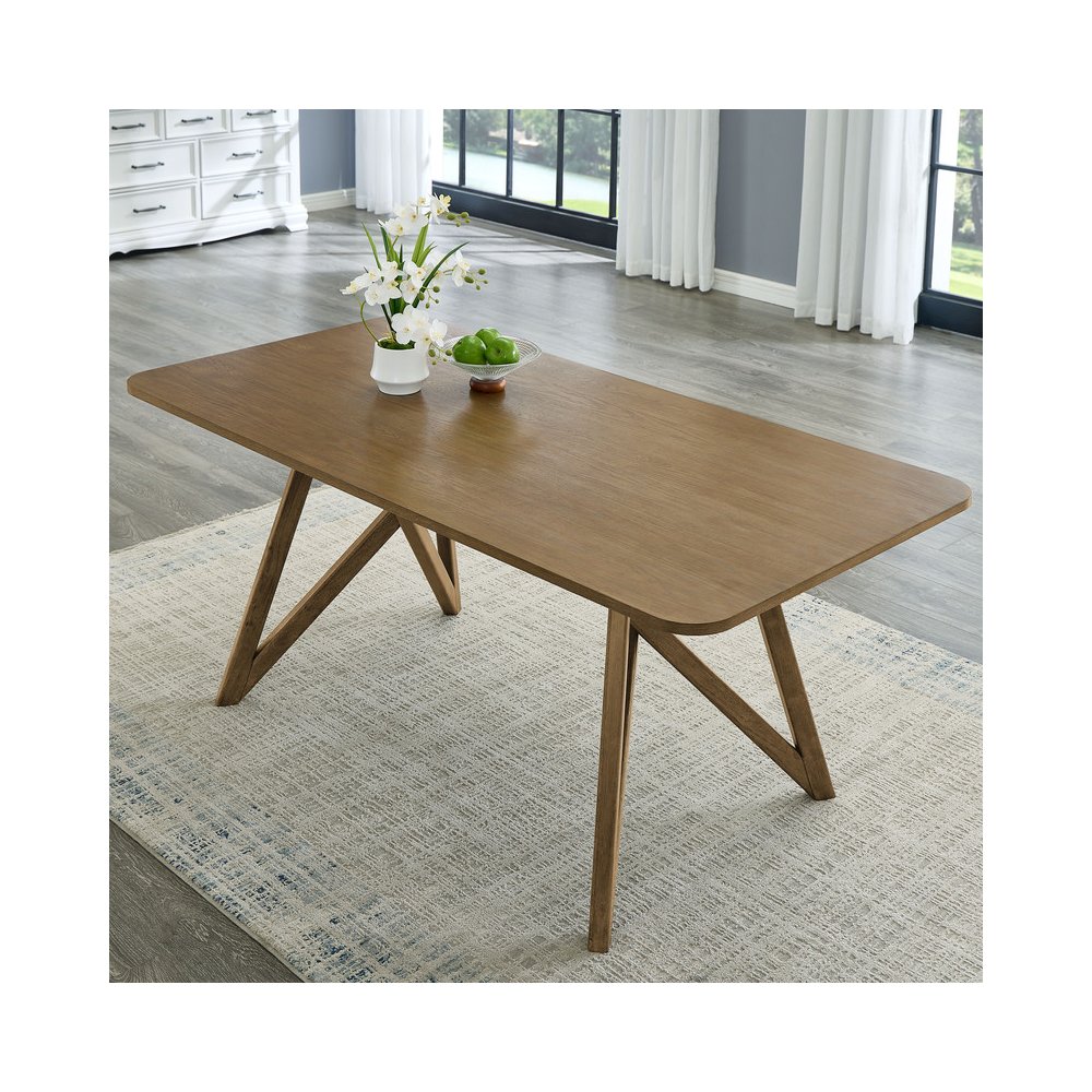 Darla 5Pc 70"W Rectangular Walnut Oak Geometric Cross Base Dining Set. Picture 3