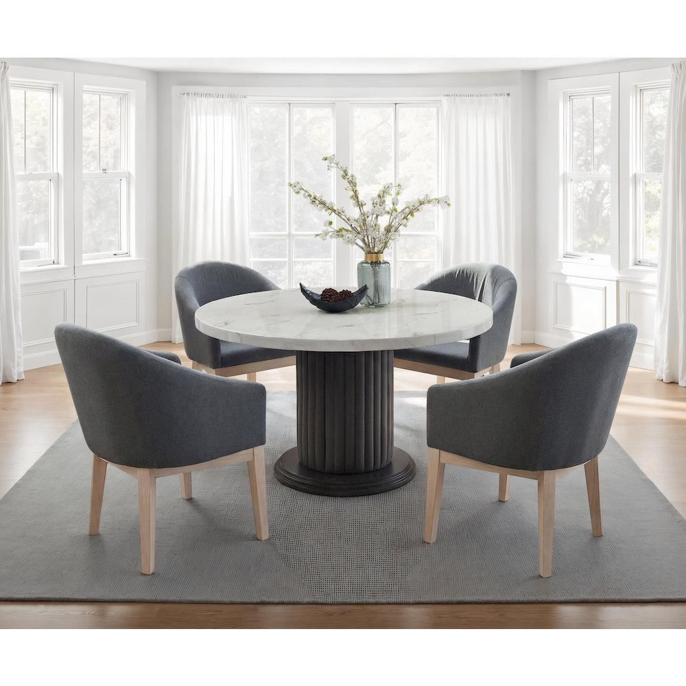 5-Piece Round Dining Table Set with 54" White Top & 4 Gray Barrel Chairs. Picture 2