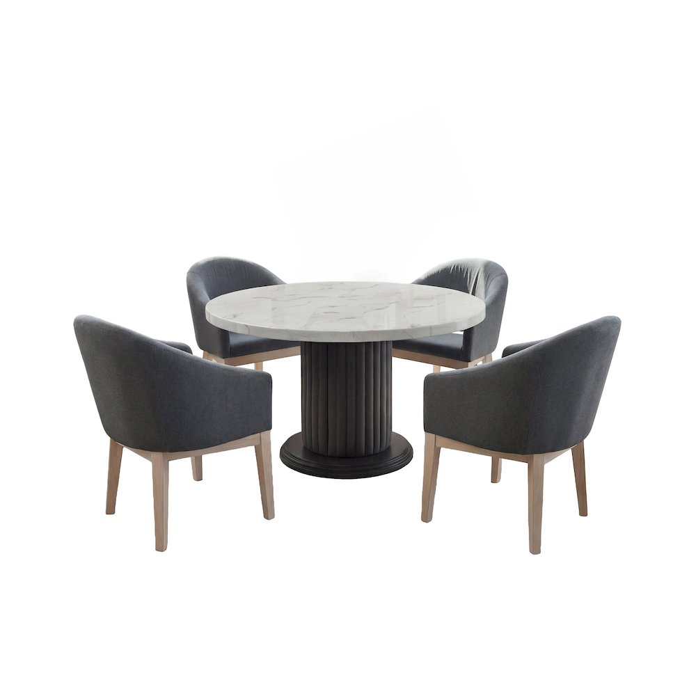 5-Piece Round Dining Table Set with 54" White Top & 4 Gray Barrel Chairs. Picture 1