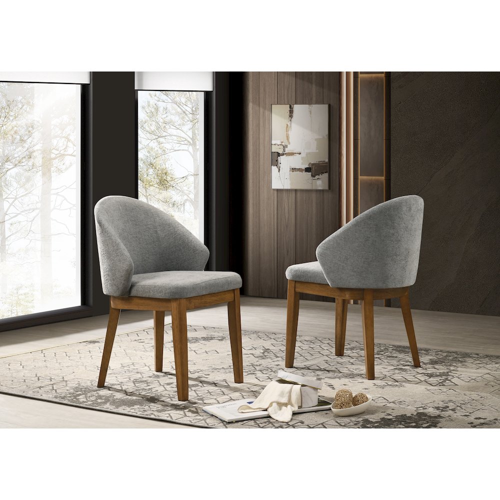 Andrew Set of 2 Barrel-Back Dining Chairs, Light Grey Fabric with Walnut Legs. Picture 2