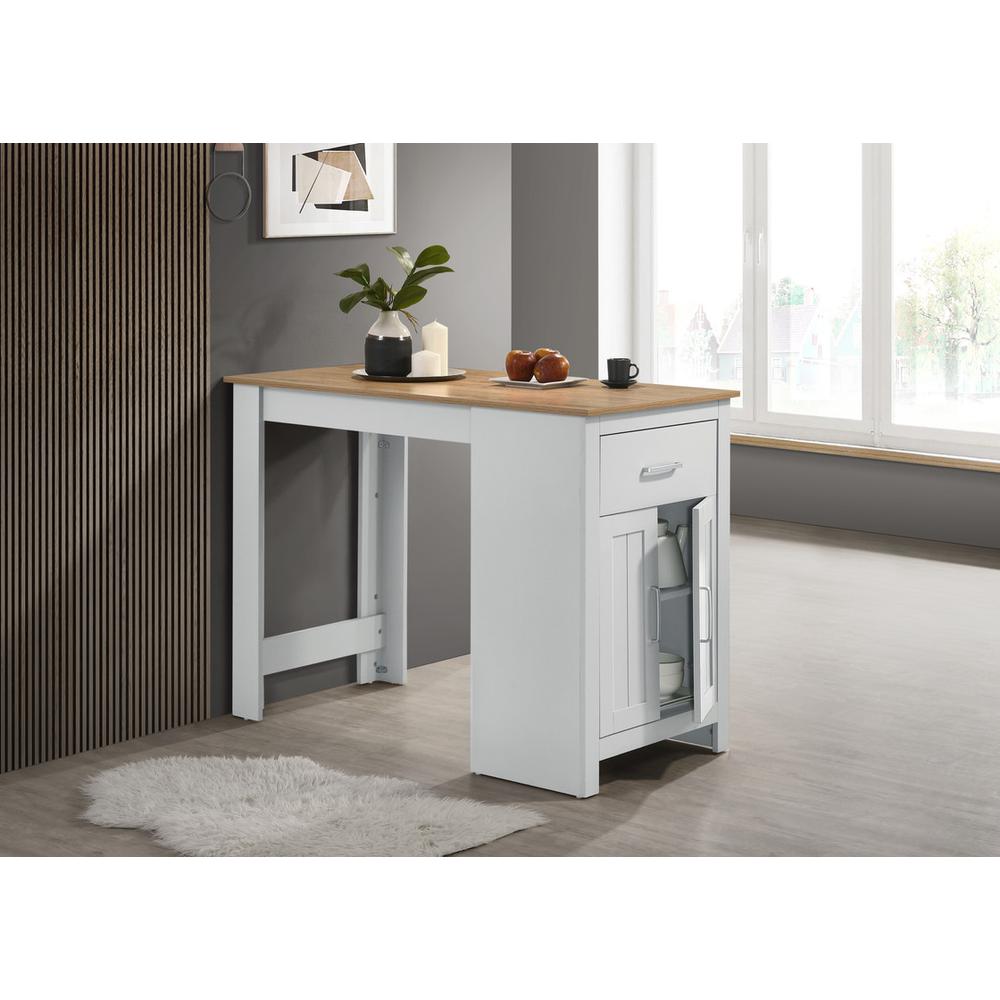 Oak and White Counter Height Dining Table with Cabinet and Drawer Storage. Picture 4