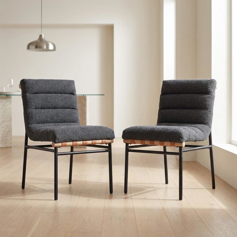 Dark Gray Boucle Fabric Dining Chairs Set of 2 with Black Iron Legs. Picture 2