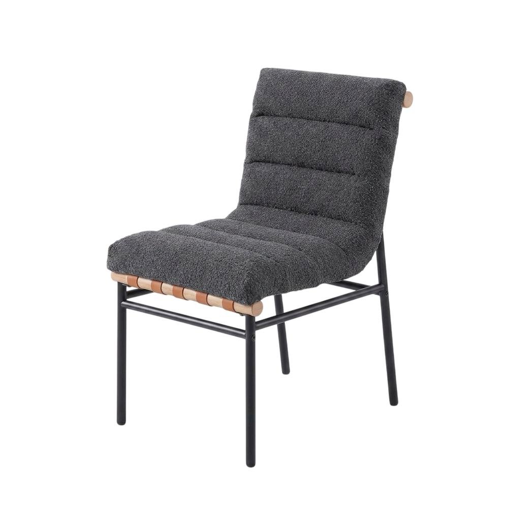 Dark Gray Boucle Fabric Dining Chairs Set of 2 with Black Iron Legs. Picture 4