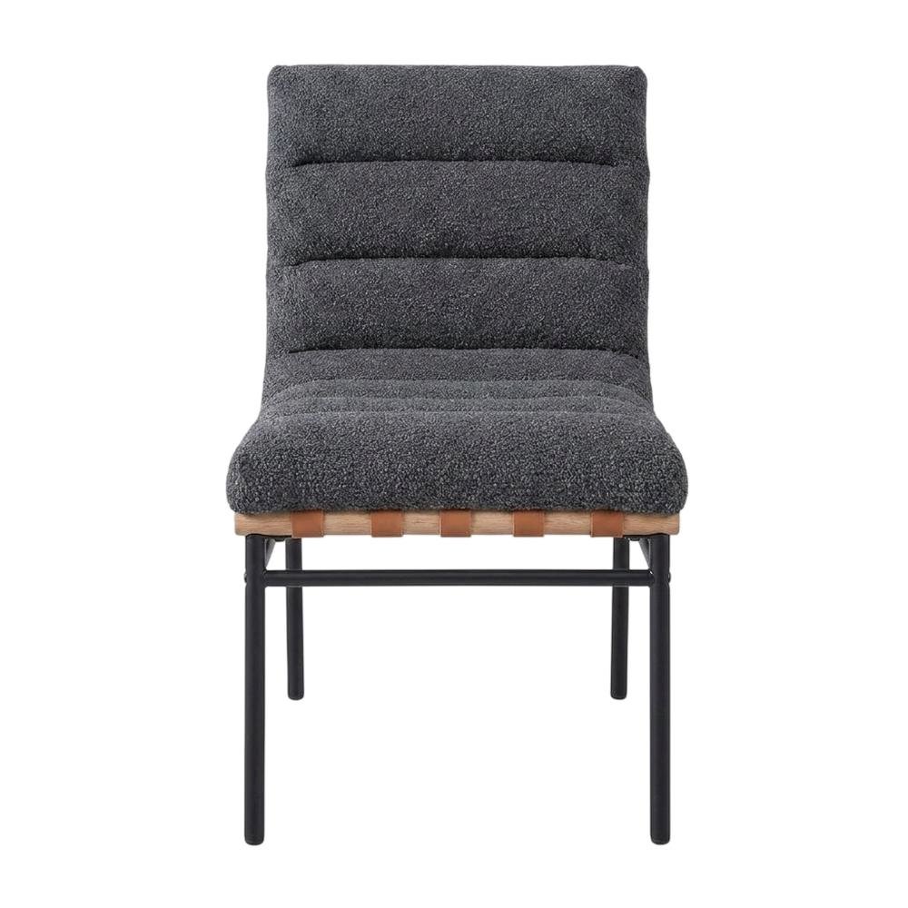 Dark Gray Boucle Fabric Dining Chairs Set of 2 with Black Iron Legs. Picture 6