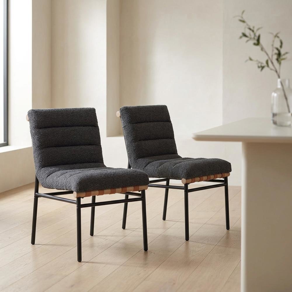 Dark Gray Boucle Fabric Dining Chairs Set of 2 with Black Iron Legs. Picture 3