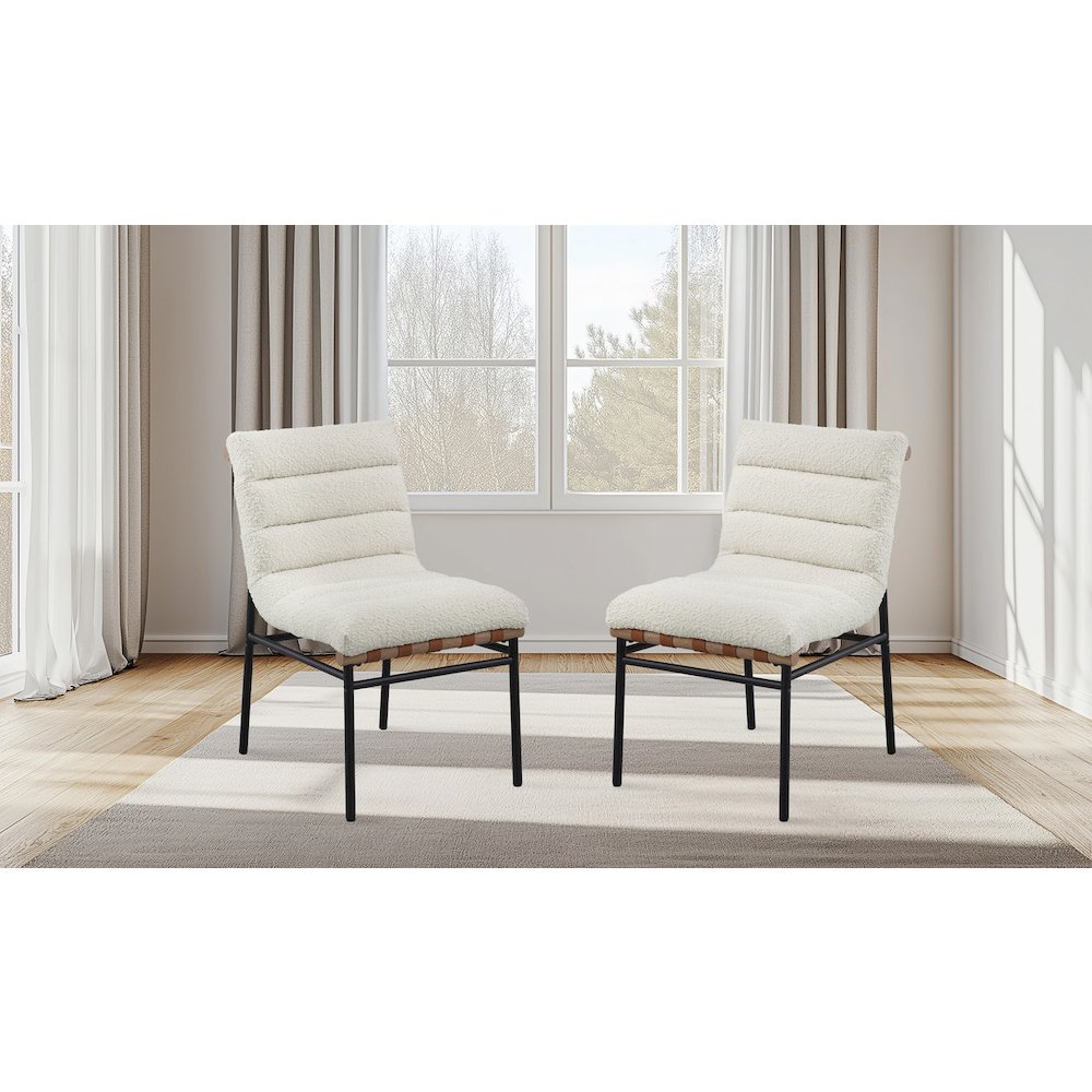Lahni White Boucle Fabric Set of 2 Dining Chair with Black Iron Legs. Picture 4