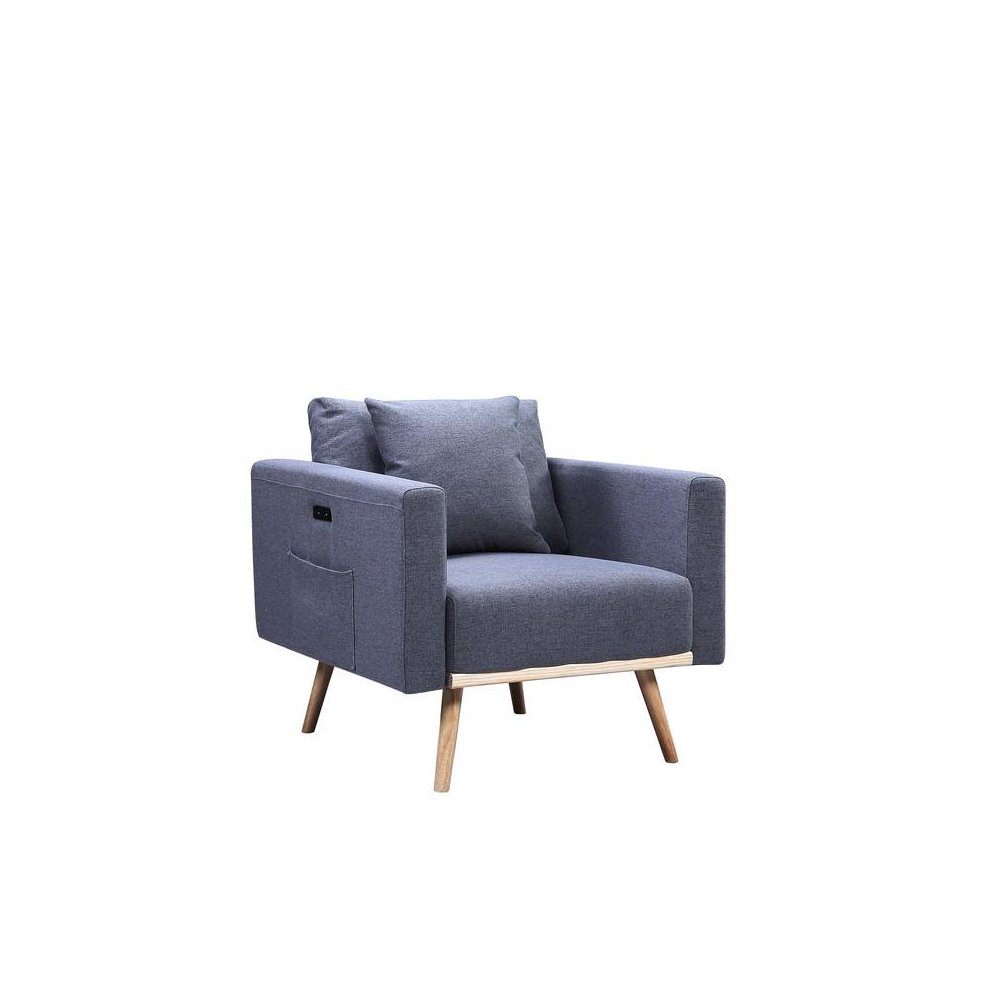 Easton Dark Gray Linen Fabric Chair with USB Charging Ports Pockets & Pillows. Picture 1