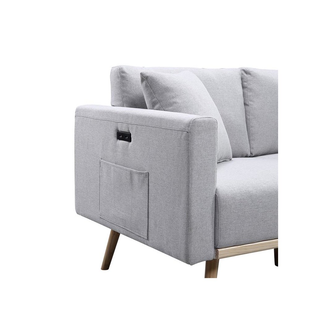 Easton Light Gray Linen Fabric Sofa with USB Charging Ports Pockets & Pillows. Picture 5