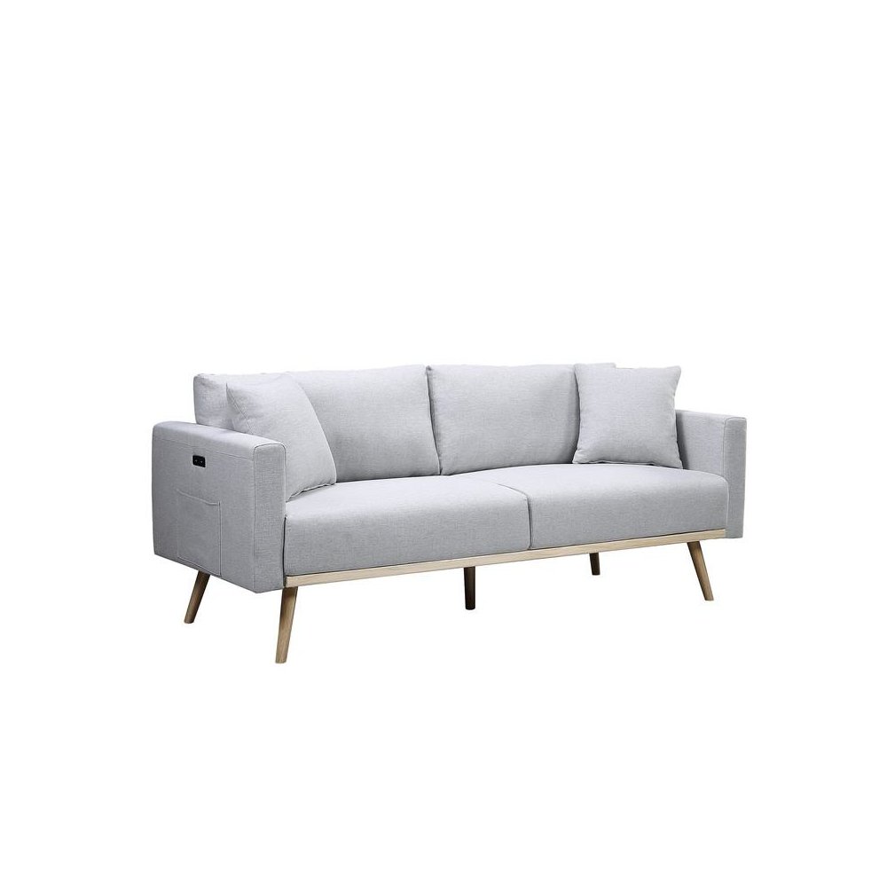 Easton Light Gray Linen Fabric Sofa with USB Charging Ports Pockets & Pillows. Picture 1