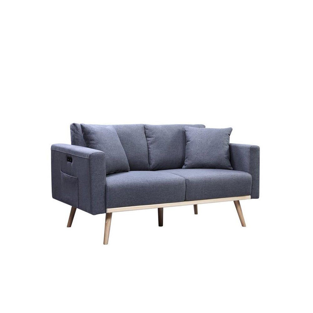 Easton Dark Gray Linen Fabric Loveseat with USB Charging Ports Pockets & Pillows. Picture 1