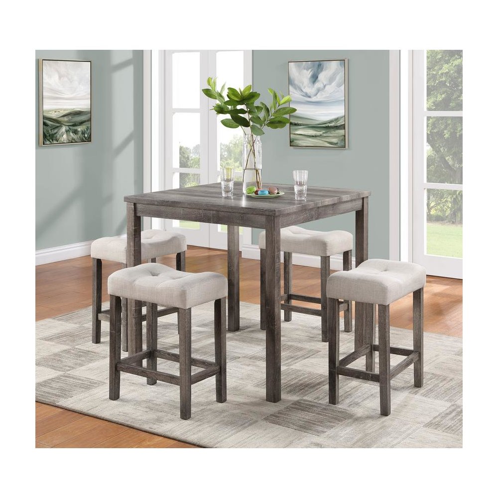 Lucian Brown 5 Piece Counter Height 36" Pub Table Set with Tufted Creamy White Linen Stools. Picture 4
