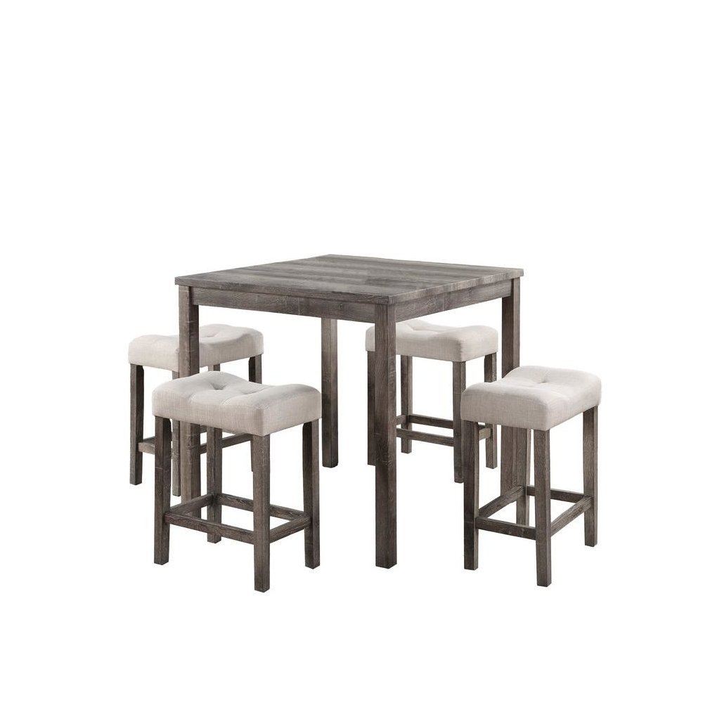 Lucian Brown 5 Piece Counter Height 36" Pub Table Set with Tufted Creamy White Linen Stools. Picture 1