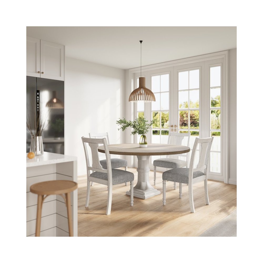 Tannen 59"W Round White and Gray 5-Pc Dining Table Set. Picture 4