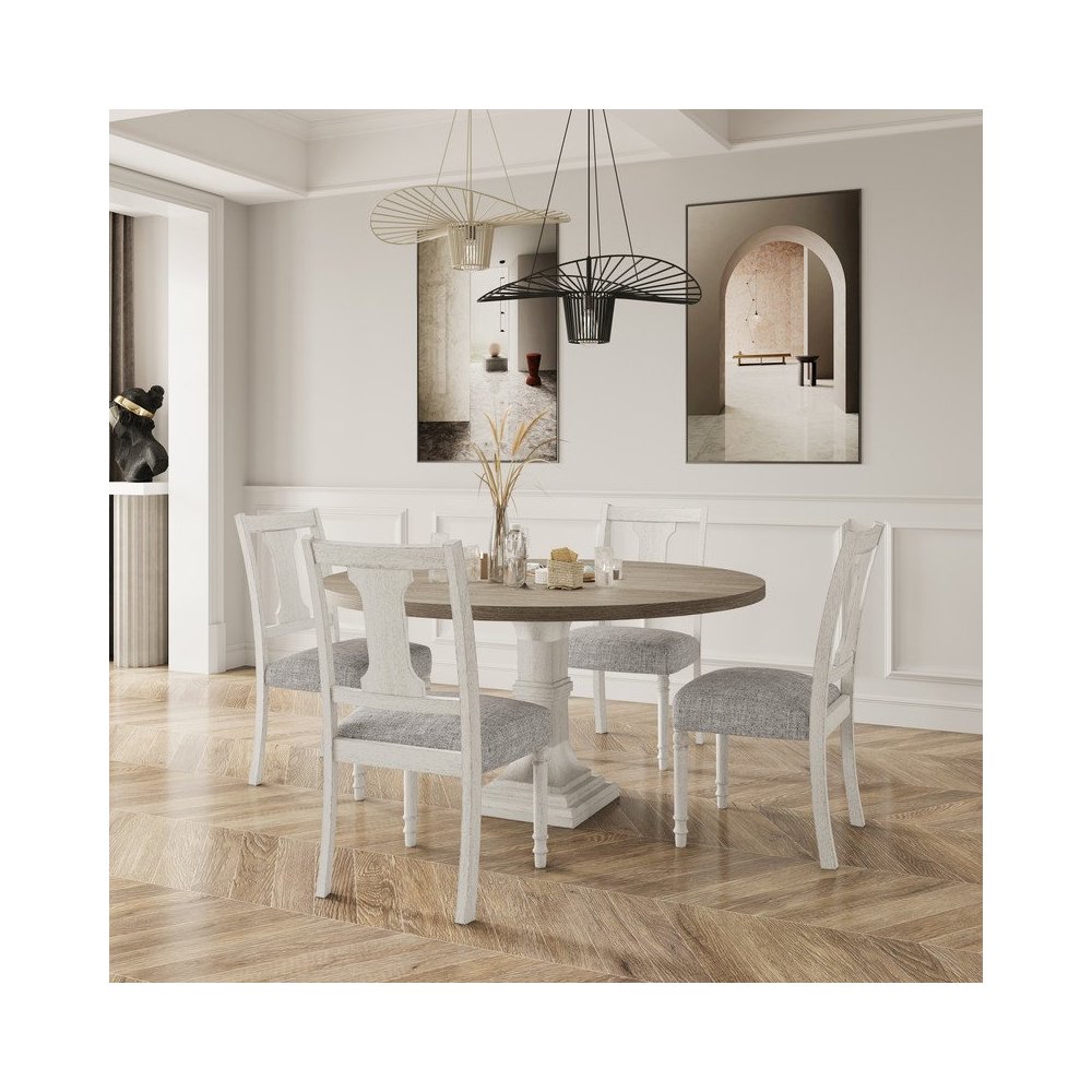 Tannen 59"W Round White and Gray 5-Pc Dining Table Set. Picture 2