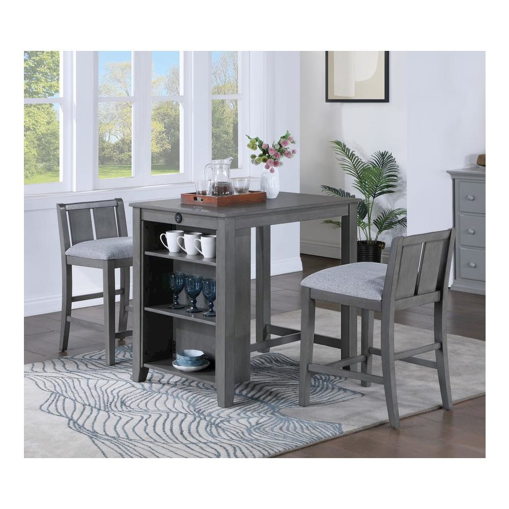 3-Piece Gray Finish Small Space Counter Height Dining Table with Shelves. Picture 4