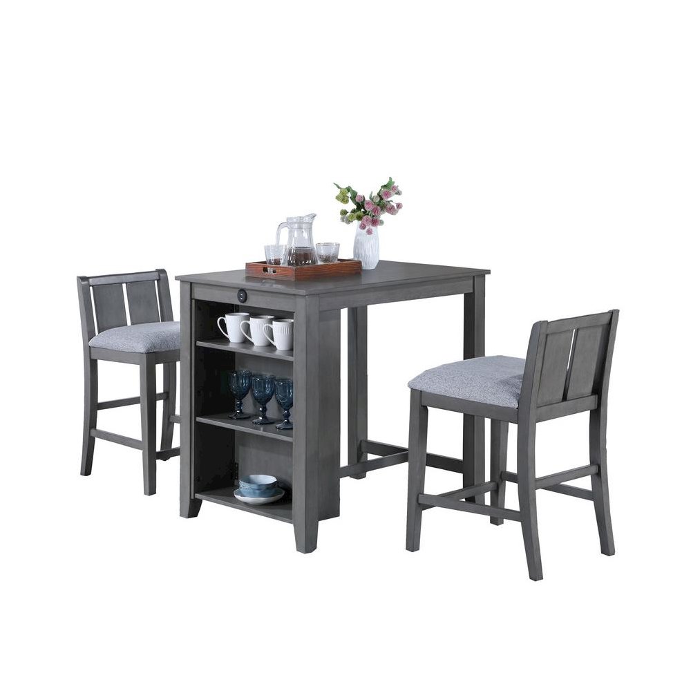 3-Piece Gray Finish Small Space Counter Height Dining Table with Shelves. Picture 1