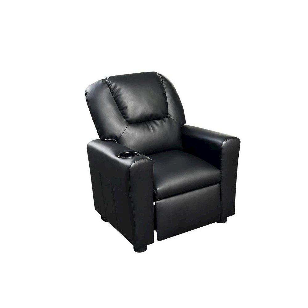 Kids Recliner Chair, Black PU Leather, Cupholder. Picture 1