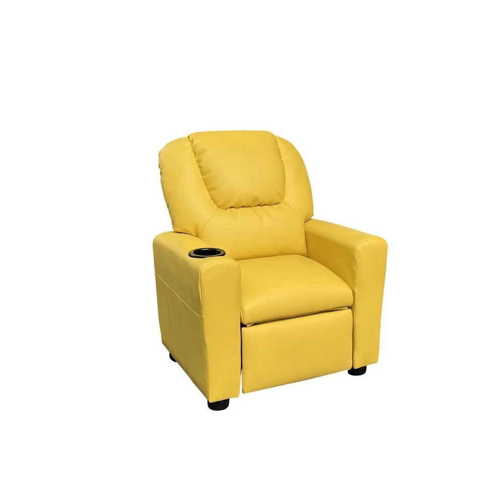 Kids Recliner Chair, Yellow PU Leather, Cupholder. Picture 1