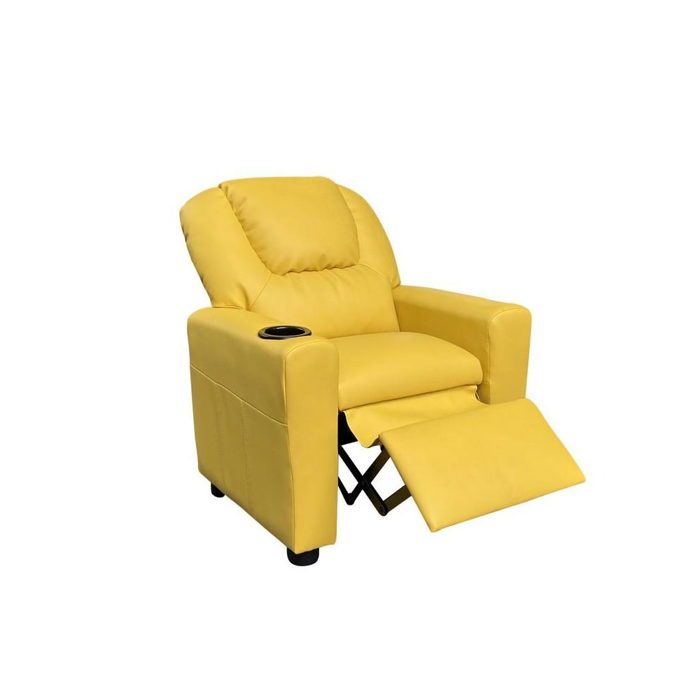 Kids Recliner Chair, Yellow PU Leather, Cupholder. Picture 2