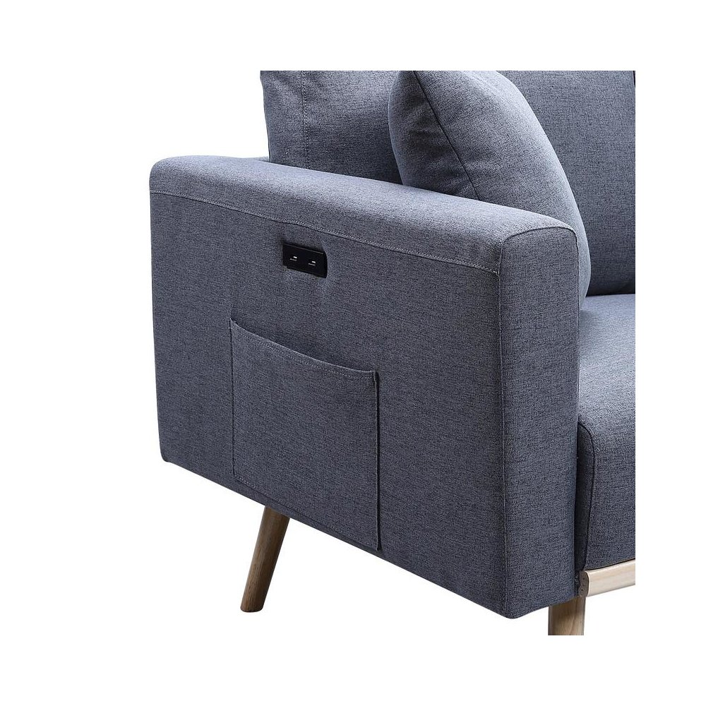 Easton Dark Gray Linen Fabric Chair with USB Charging Ports Pockets & Pillows. Picture 5