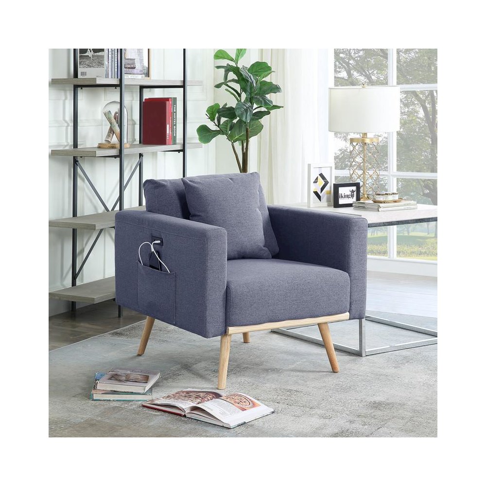 Easton Dark Gray Linen Fabric Chair with USB Charging Ports Pockets & Pillows. Picture 4