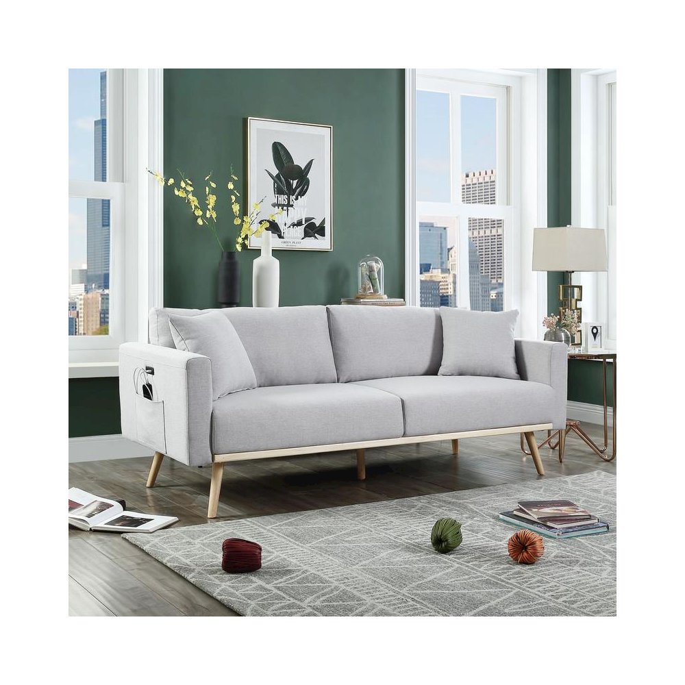 Easton Light Gray Linen Fabric Sofa with USB Charging Ports Pockets & Pillows. Picture 4