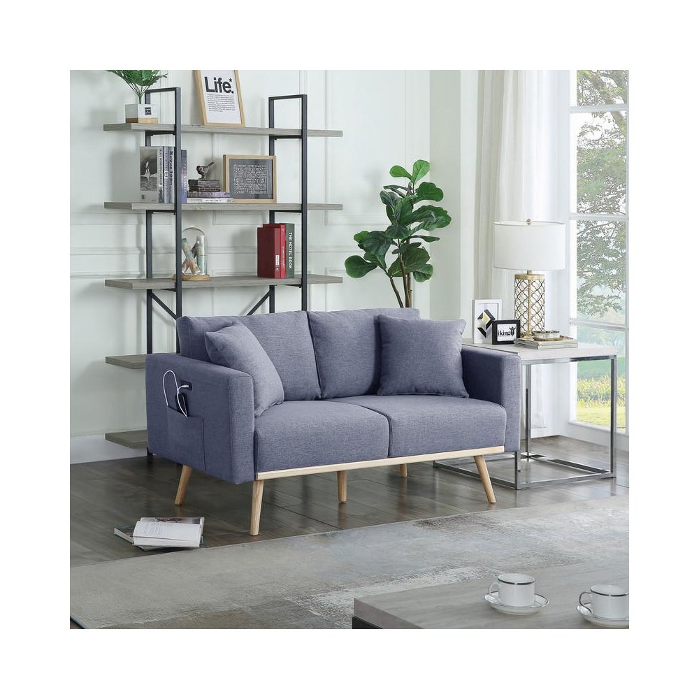 Easton Dark Gray Linen Fabric Loveseat with USB Charging Ports Pockets & Pillows. Picture 4
