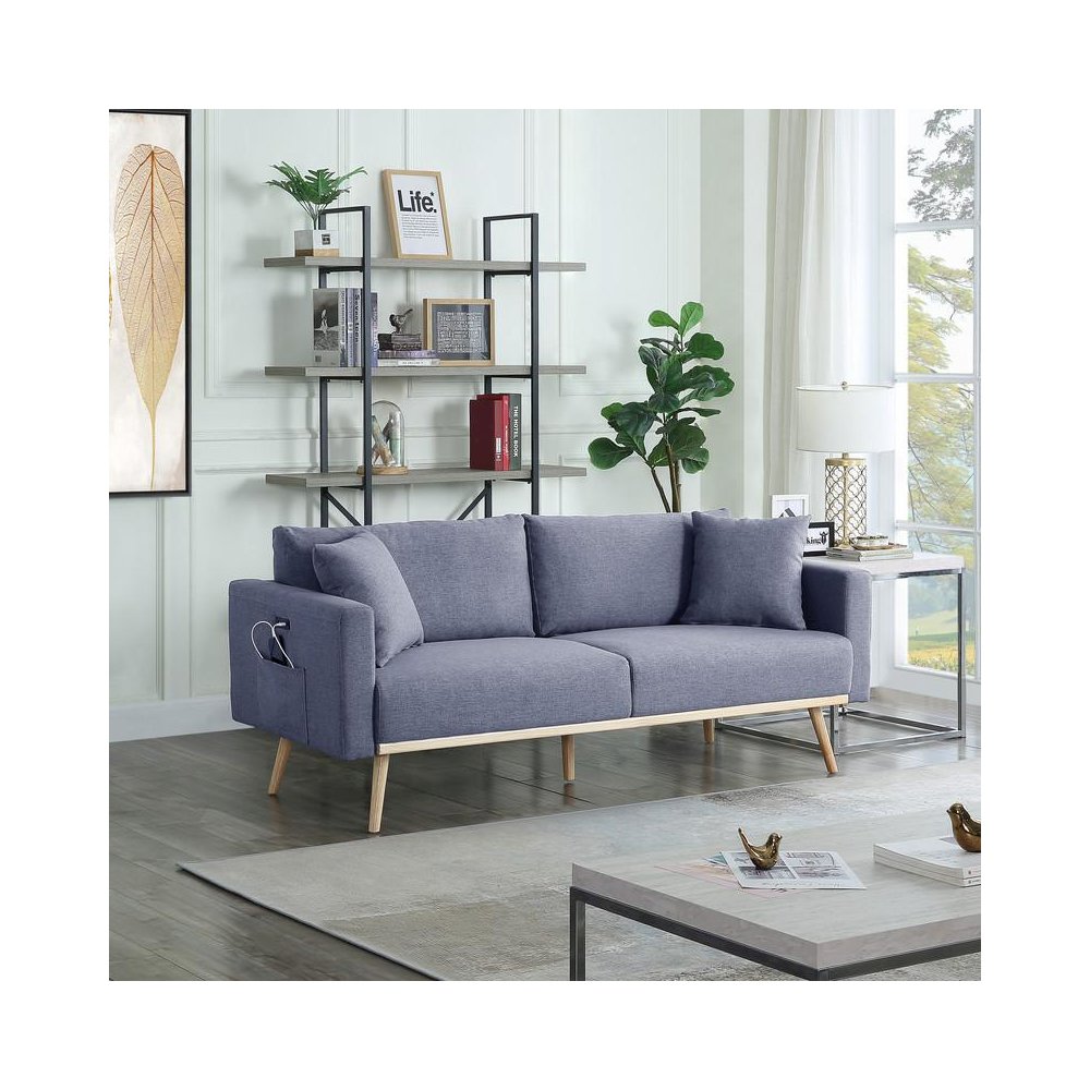 Easton Dark Gray Linen Fabric Sofa with USB Charging Ports Pockets & Pillows. Picture 4