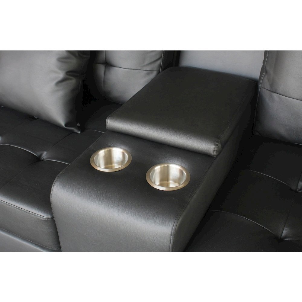 85"W Black PVC Fabric Sofa with LED Lights, USB Charger, Storage Console. Picture 5