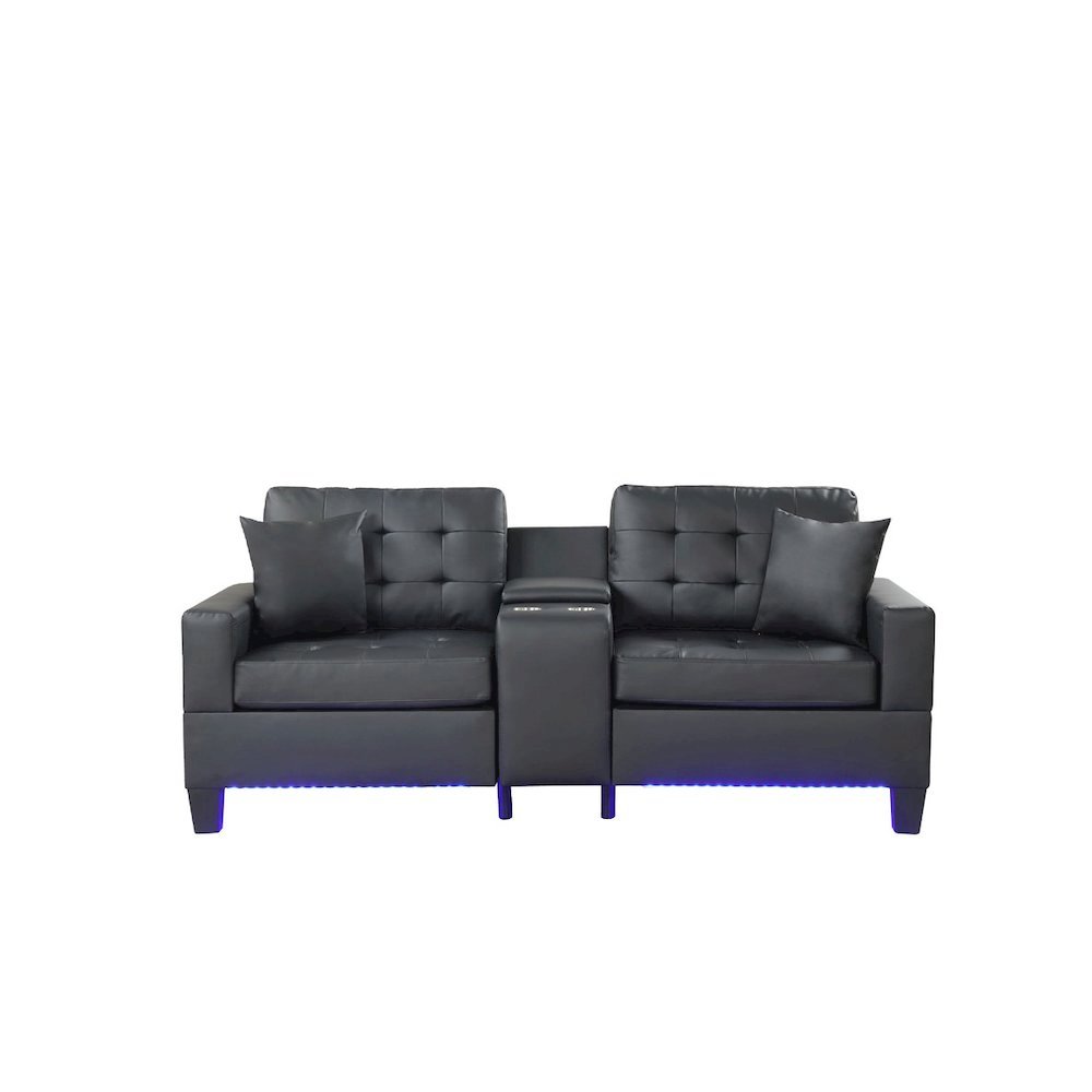 85"W Black PVC Fabric Sofa with LED Lights, USB Charger, Storage Console. Picture 2