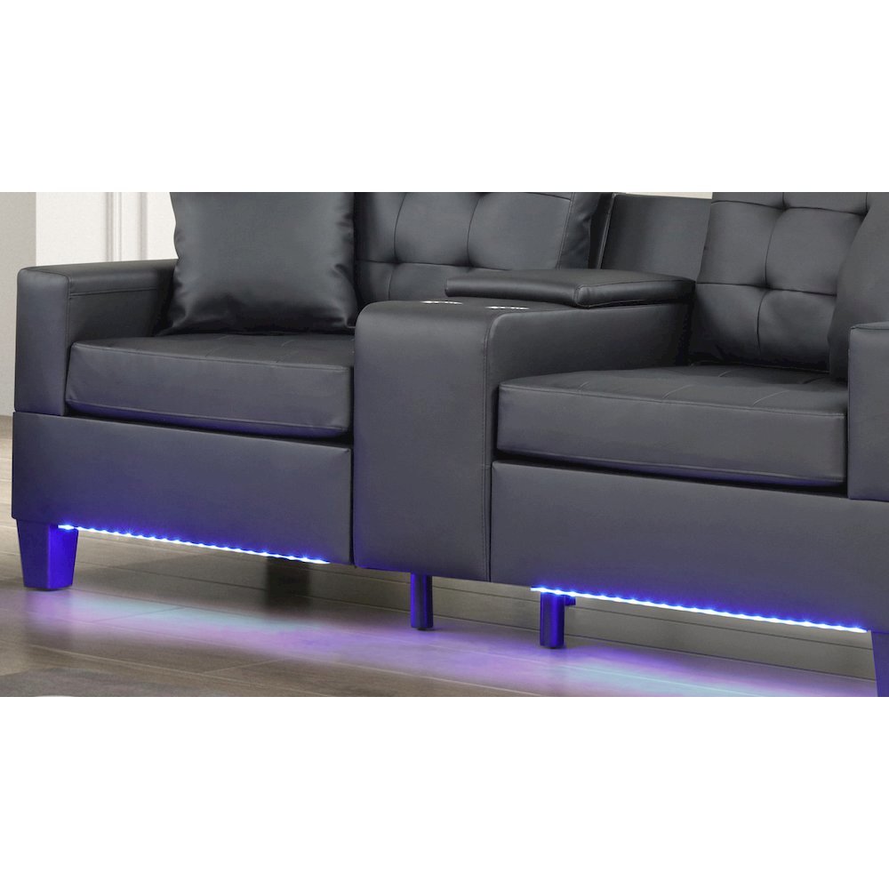 85"W Black PVC Fabric Sofa with LED Lights, USB Charger, Storage Console. Picture 3