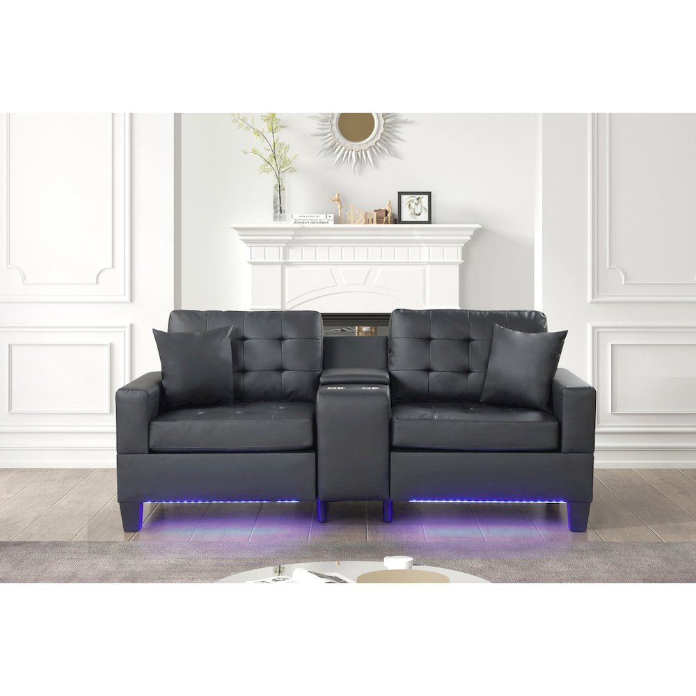 85"W Black PVC Fabric Sofa with LED Lights, USB Charger, Storage Console. Picture 4