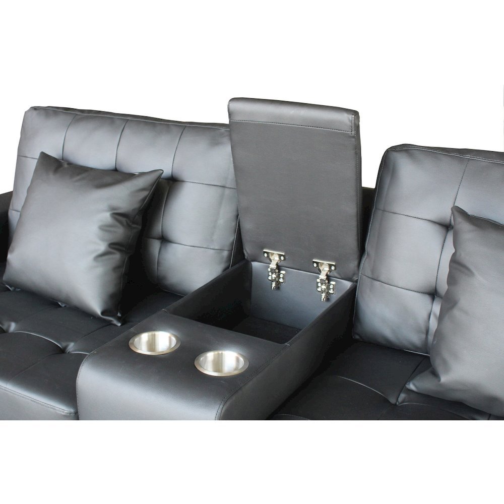 85"W Black PVC Fabric Sofa with LED Lights, USB Charger, Storage Console. Picture 6