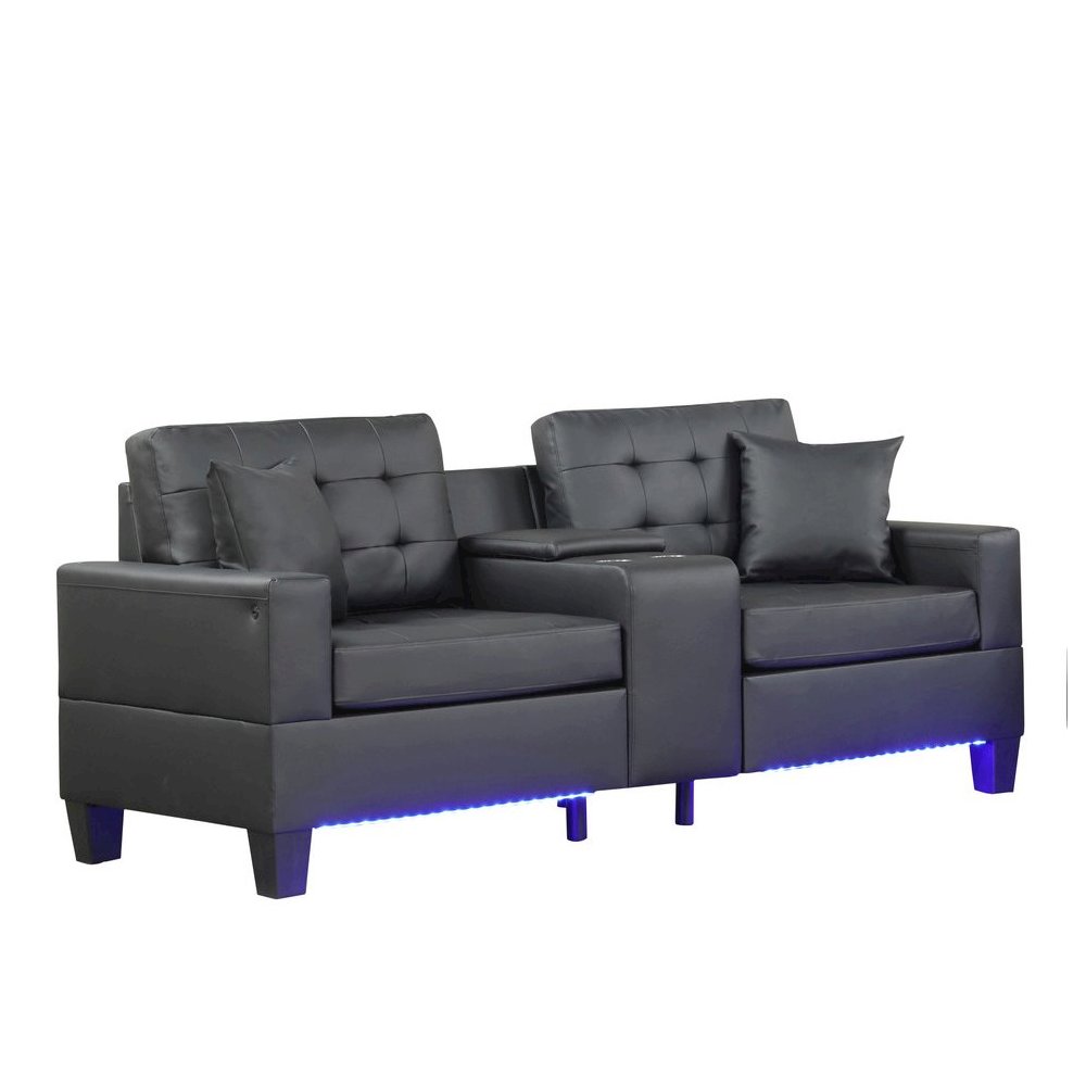 85"W Black PVC Fabric Sofa with LED Lights, USB Charger, Storage Console. Picture 1