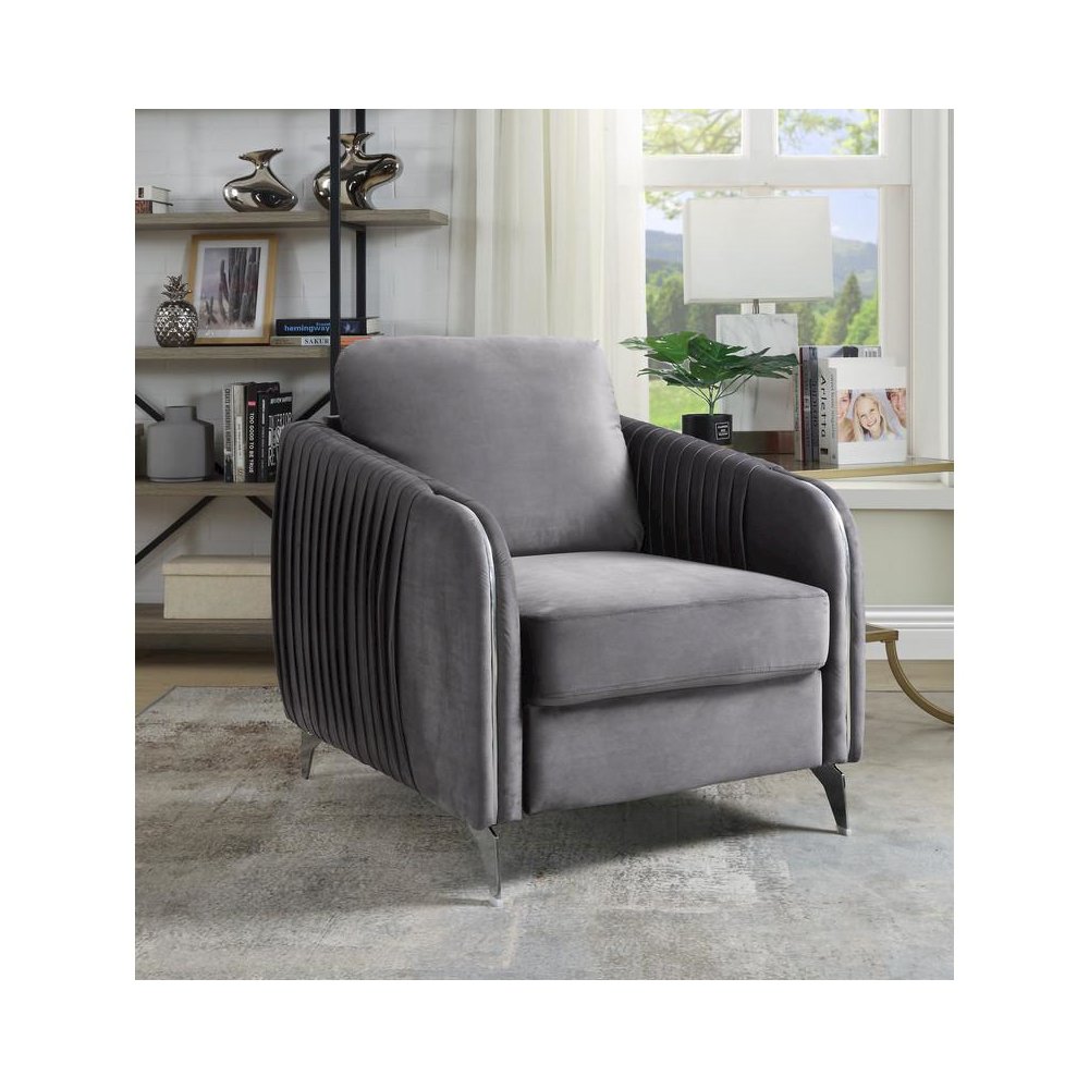 Hathaway Gray Velvet Modern Chic Accent Armchair. Picture 4