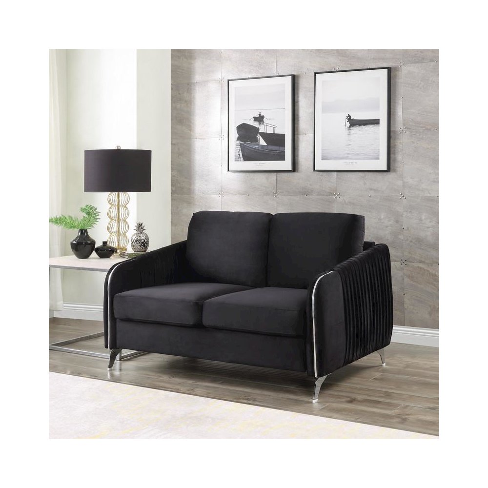 Hathaway Black Velvet Modern Chic Loveseat Couch. Picture 4
