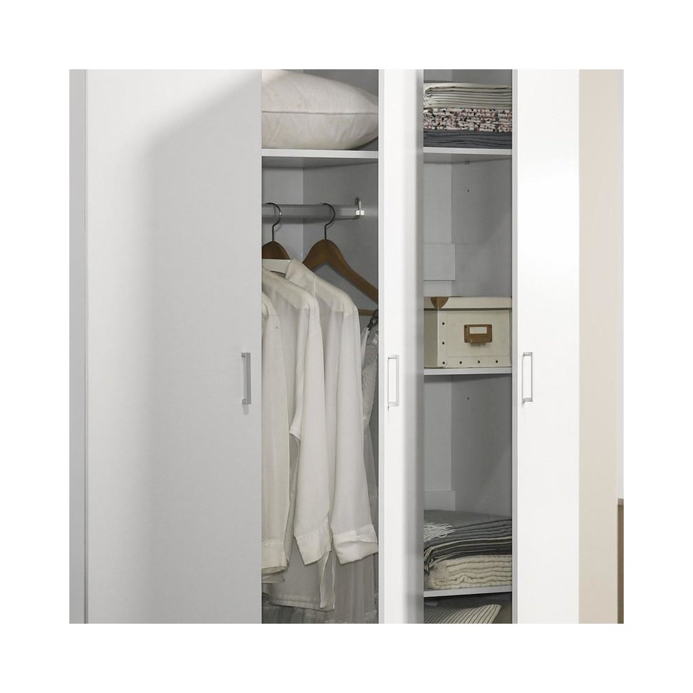 White 3-Door Wardrobe Cabinet Armoire with Storage Shelves and Hanging Rod. Picture 3