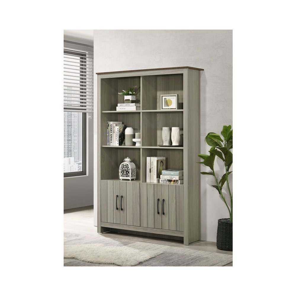 Nyla 47"W Gray Oak Bookcase Shelf with Cabinet Doors. Picture 4