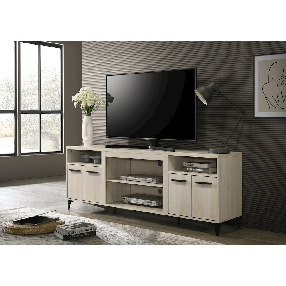 Evander 70"W Oak Finish 4-Door TV Stand. Picture 4