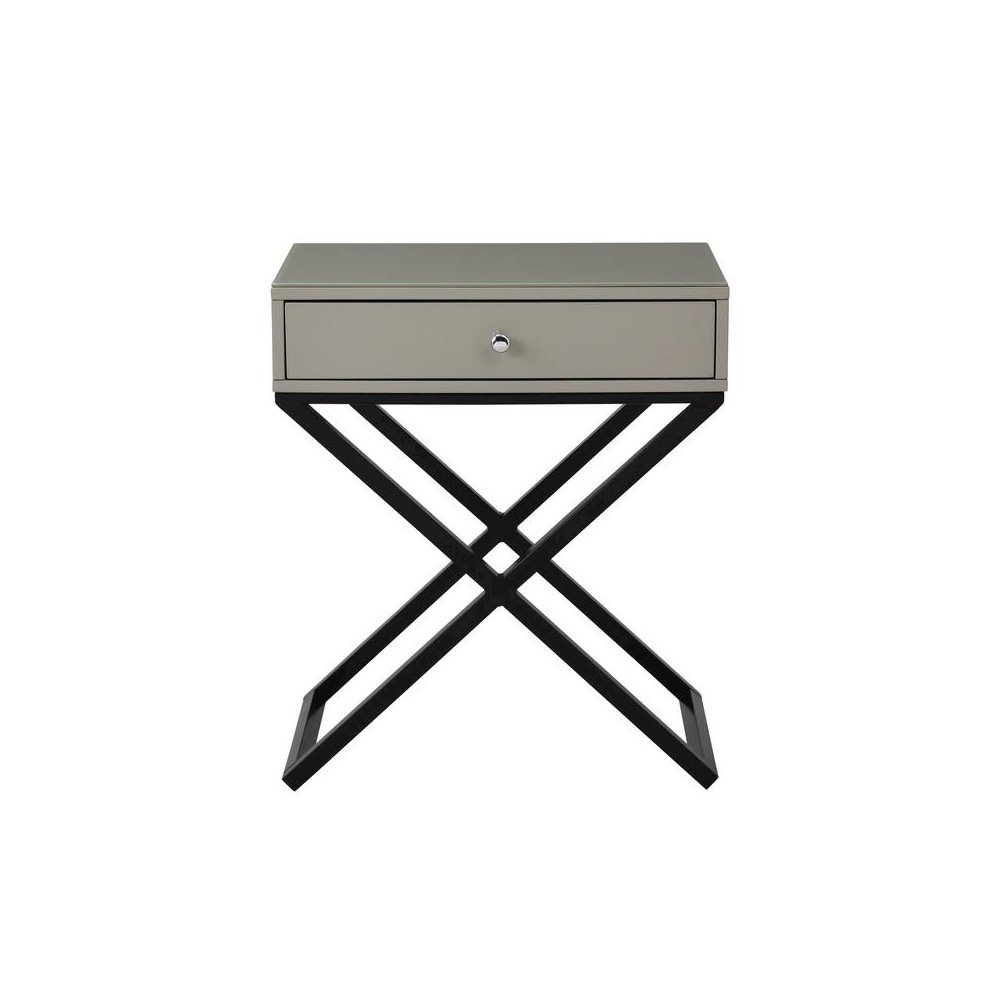 Koda Taupe Wooden End Side Table Nightstand with Glass Top, Drawer and Metal Cross Base. Picture 2