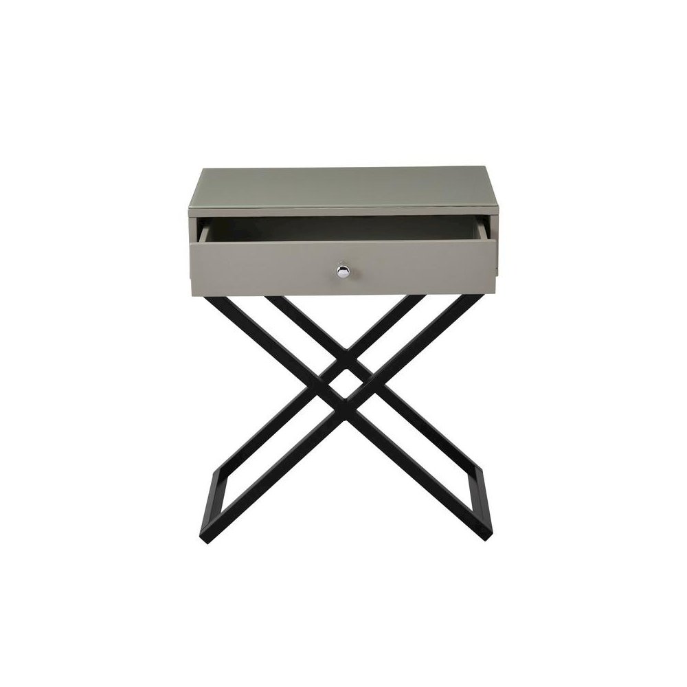 Koda Taupe Wooden End Side Table Nightstand with Glass Top, Drawer and Metal Cross Base. Picture 3