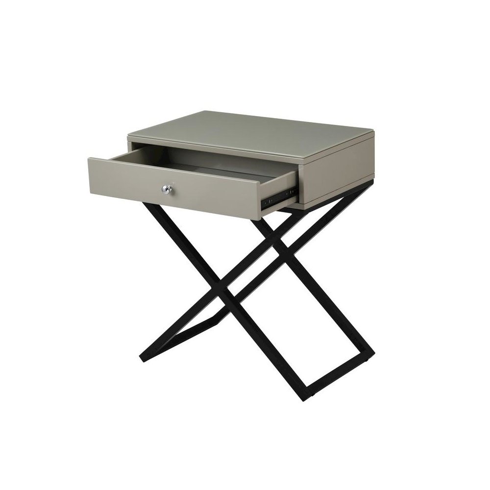 Koda Taupe Wooden End Side Table Nightstand with Glass Top, Drawer and Metal Cross Base. Picture 5
