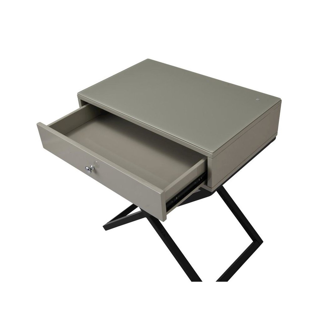 Koda Taupe Wooden End Side Table Nightstand with Glass Top, Drawer and Metal Cross Base. Picture 6