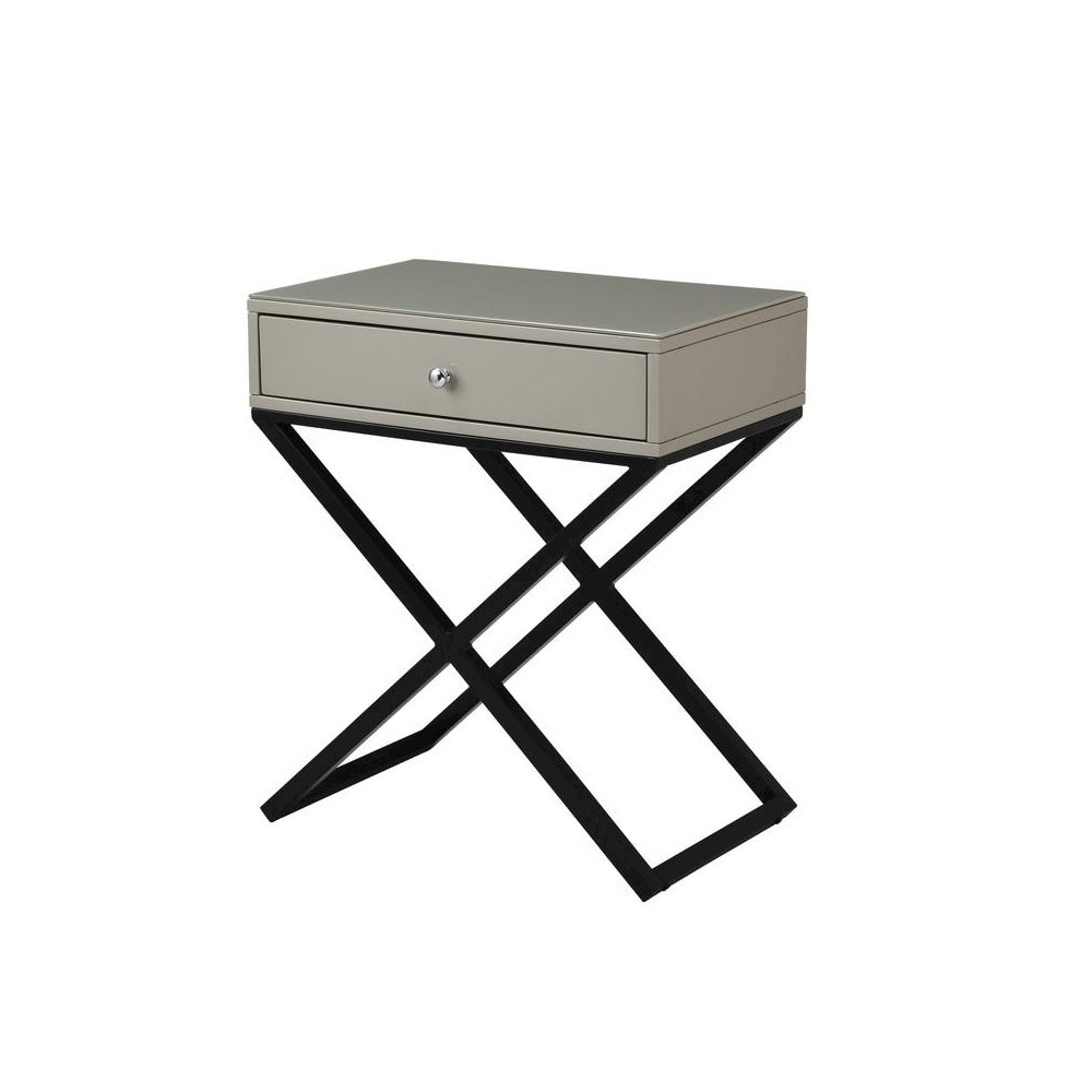 Koda Taupe Wooden End Side Table Nightstand with Glass Top, Drawer and Metal Cross Base. Picture 1