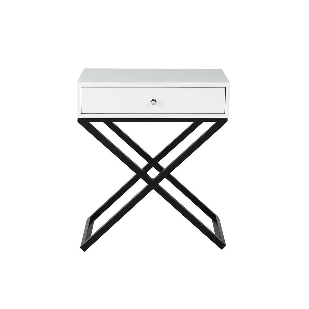 Koda White Wooden End Side Table Nightstand with Glass Top, Drawer and Metal Cross Base. Picture 2