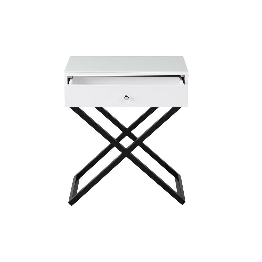 Koda White Wooden End Side Table Nightstand with Glass Top, Drawer and Metal Cross Base. Picture 3