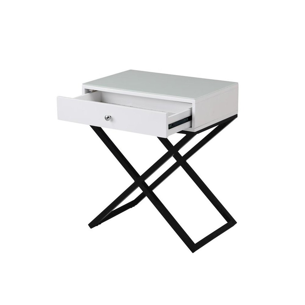 Koda White Wooden End Side Table Nightstand with Glass Top, Drawer and Metal Cross Base. Picture 5
