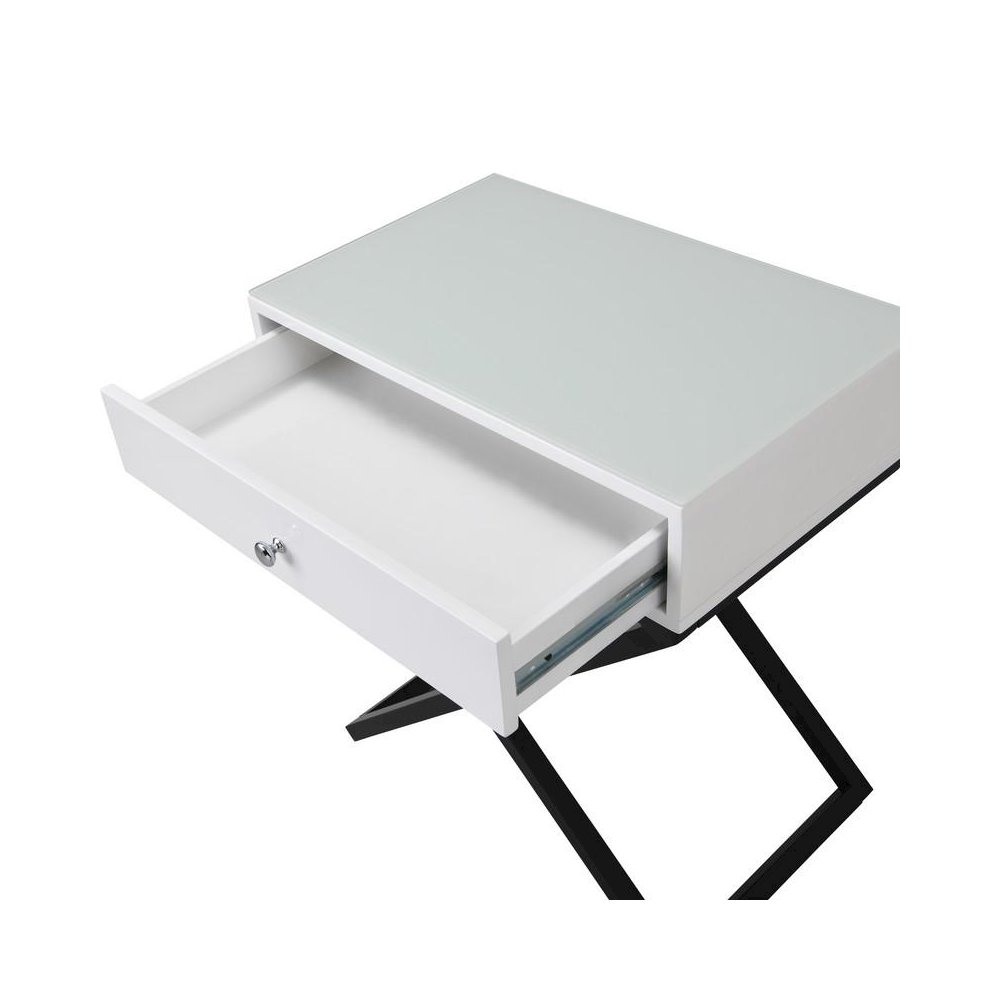 Koda White Wooden End Side Table Nightstand with Glass Top, Drawer and Metal Cross Base. Picture 6